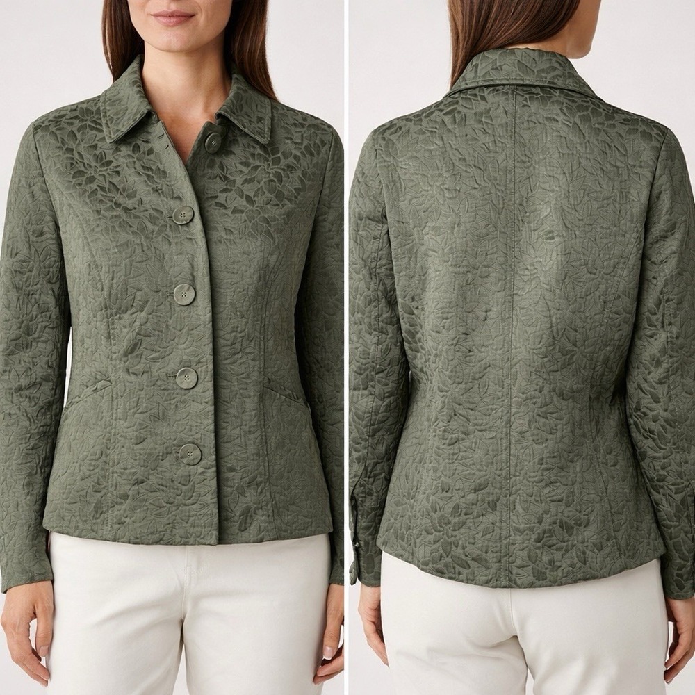 J Jill Quilted Jacket‎ MP Olive Green Embossed Floral Petite Pockets